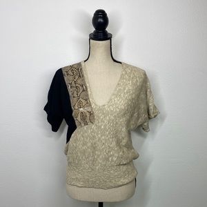 VINTAGE JAYNA snake skin beige black 80s knit short sleeve sweater Medium